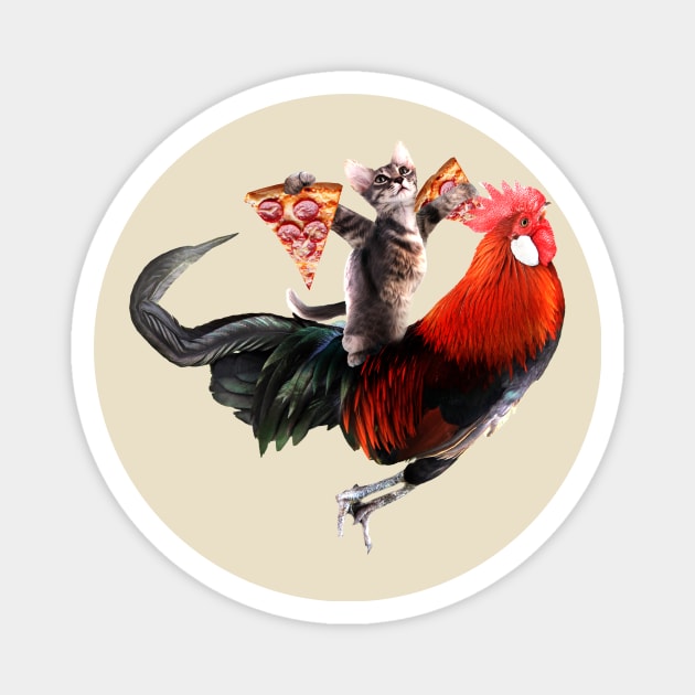 Cat with 2 Pizza Slices Riding Rooster Magnet by Random Galaxy